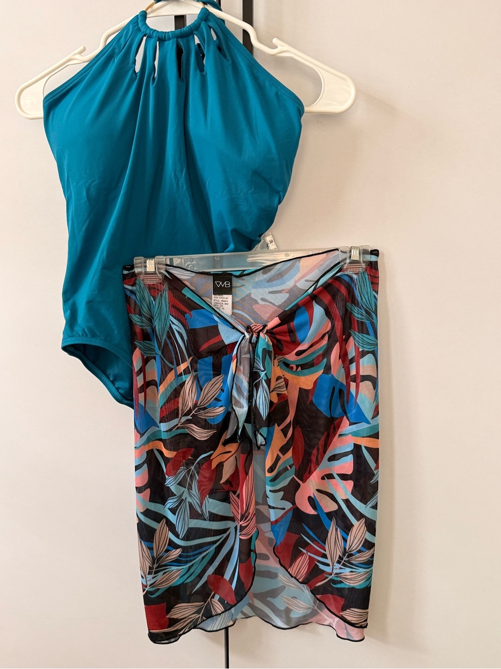 Vince Camuto Teal Halter One-Piece with Tropical Print Sarong